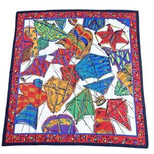 Vintage Perry Ellis silky scarf retro 1980's colorful mod kites motif 31” square